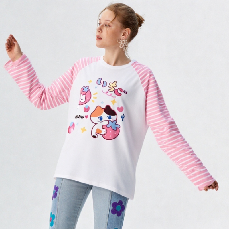 Langarmshirt, gestreiftes Langarmshirt, Kawaii-Shirt